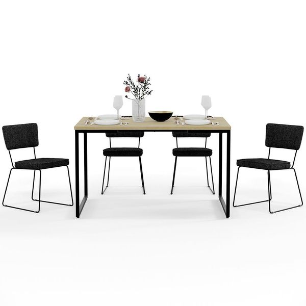 Mesa De Jantar Rivera Nature 136cm Com 04 Cadeiras Allana Base Em Aço F01 Linho Chumbo - Lyam Decor