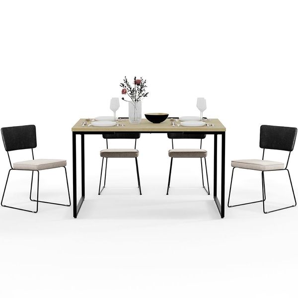 Mesa Rivera Nature 136cm Com 4 Cadeiras Allana F01 Couríssimo Preto Linho Cru - Lyam Decor