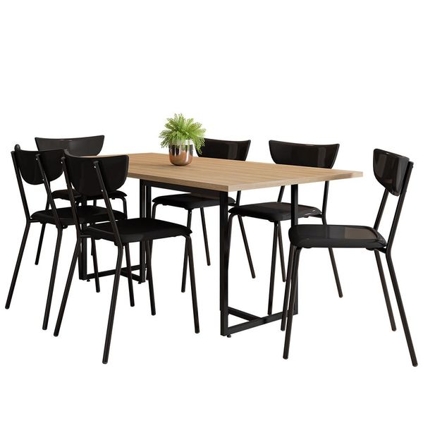 Mesa de Jantar Maldiva Industrial Nature F01 com 06 Cadeiras Fixa Empilhável Bit Preto - Lyam Decor