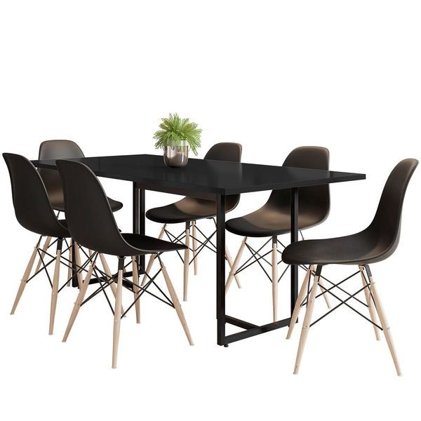 Mesa de Jantar Maldiva Industrial Preto F01 com 06 Cadeiras Eiffel Charles Eames Preto - Lyam Decor