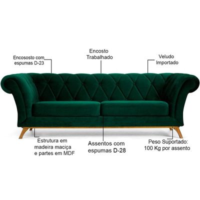 Sofá 4 Lugares Para Sala de Estar Império 300 cm D02 Veludo Verde Musgo C-303 - Lyam Decor