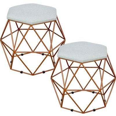 Kit 02 Puffs Decorativo Aramado Bronze Six L02 Linho Cinza - Lyam Decor