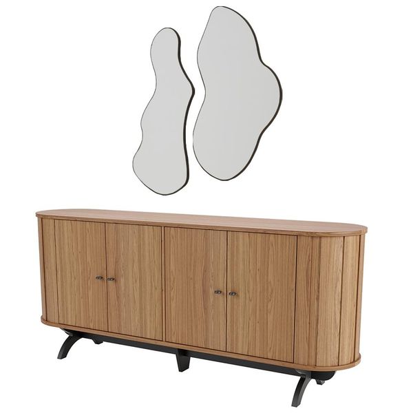 Kit Balcão Buffet Sala De Estar Romagna Com 2 Espelhos Santorini D03 Freijó Preto Fosco - Lyam Decor