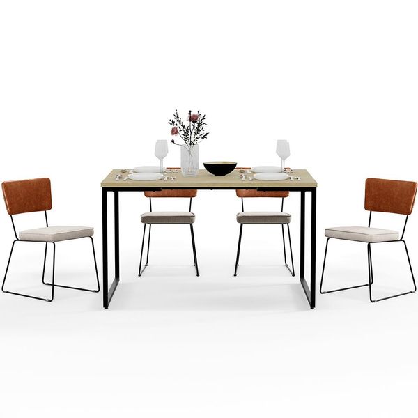 Mesa De Jantar Rivera Nature 136cm Com 4 Cadeiras Allana F01 Couríssimo Camel Linho Cru - Lyam Decor