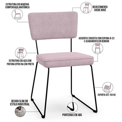 Kit 04 Cadeiras Decorativas Para Sala De Jantar Allana L02 Suede Rosê - Lyam Decor