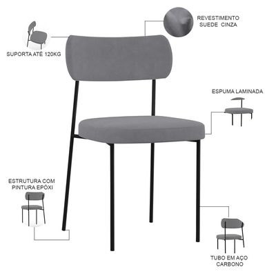 Cadeira Decorativa Estofada Para Sala De Jantar Melina L02 Suede Cinza - Lyam Decor