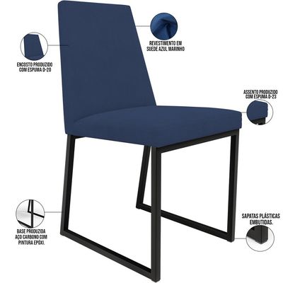 Kit 02 Cadeira Para Sala Jantar Base Aço Industrial Preto Dafne L02 Suede Azul Marinho - Lyam Decor