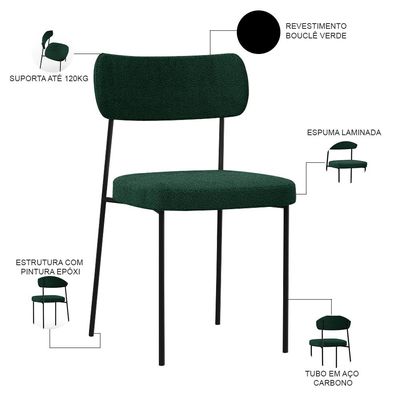 Cadeira Decorativa Estofada Para Sala De Jantar Melina L02 Bouclê Verde - Lyam Decor