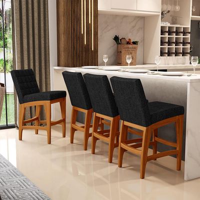 Banqueta Baixa Para Cozinha Bancada Bar Sala De Jantar Fixa Mila L02 Linho Chumbo - Lyam Decor