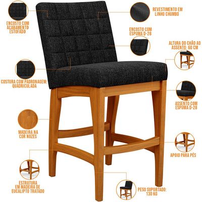 Banqueta Baixa Para Cozinha Bancada Bar Sala De Jantar Fixa Mila L02 Linho Chumbo - Lyam Decor