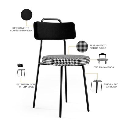 Cadeira Para Cozinha Sala De Jantar Barcelona L02 Couríssimo Preto Pied Poule - Lyam Decor