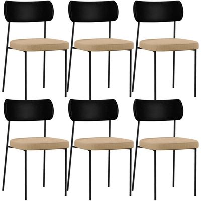 Kit 06 Cadeiras Para Sala De Jantar Melina L02 Couríssimo Preto Linho Bege Escuro - Lyam Decor