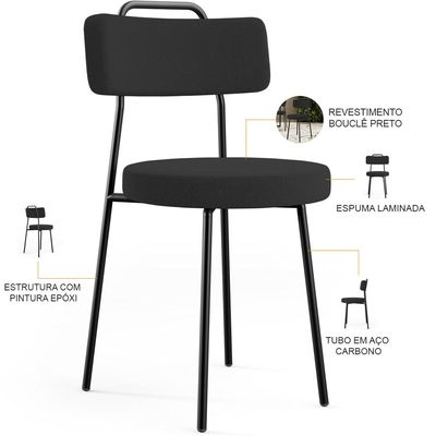 Kit 02 Cadeiras Decorativas Estofada Para Sala De Jantar Barcelona L02 Bouclê Preto - Lyam Decor