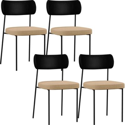 Kit 04 Cadeiras Para Sala De Jantar Melina L02 Couríssimo Preto Linho Bege Escuro - Lyam Decor