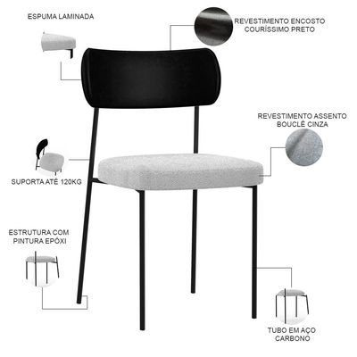 Kit 06 Cadeiras Estofadas Para Sala De Jantar Melina L02 Couríssimo Preto Bouclê Cinza - Lyam Decor