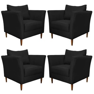 Kit 4 Poltronas Decorativa Sala de Estar Pés Palito Lubbock Couro Preto - Gran Belo