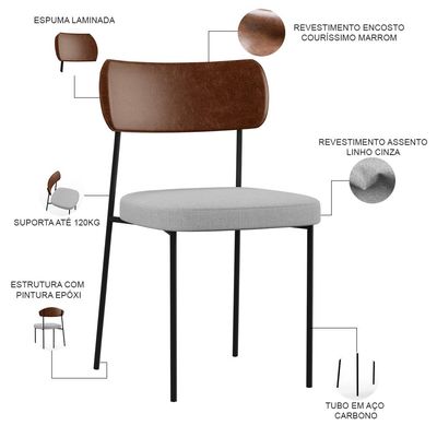Kit 04 Cadeiras Para Sala De Jantar Melina L02 Couríssimo Marrom Linho Cinza - Lyam Decor