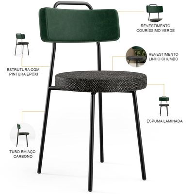 Kit 06 Cadeiras Decorativa Estofada Sala Jantar Barcelona L02 Facto Verde Musgo Linho Chumbo - Lyam
