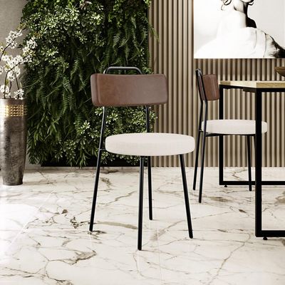 Kit 06 Cadeiras Decorativas Estofada Sala Jantar Barcelona L02 Couríssimo Marrom Linho Cru - Lyam