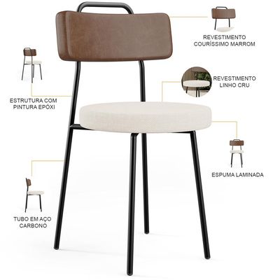 Kit 06 Cadeiras Decorativas Estofada Sala Jantar Barcelona L02 Couríssimo Marrom Linho Cru - Lyam