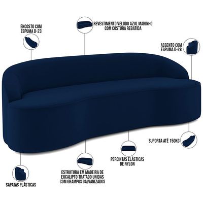 Sofá 4 Lugares Curvo Sala de Estar Living Lótus D02 Veludo Azul Marinho 230 cm C-304 - Lyam Decor