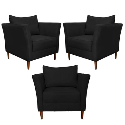Kit 3 Poltronas Decorativa Sala de Estar Pés Palito Lubbock Couro Preto - Gran Belo