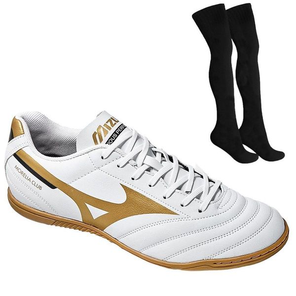 Kit Chuteira Futsal Mizuno Morelia Club + Par de Meião 38 / Branco