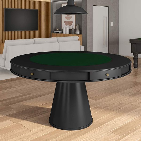 Mesa de Jogos Carteado 6 Lugares Bellagio com Gavetas e Tampo Reversível Base Cone com Tecido Preto/Verde G42 - Gran Belo