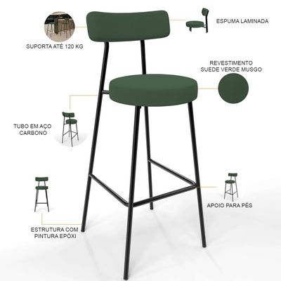 Kit 03 Banquetas Baixa Bar Cozinha Sala De Jantar Milão L02 Suede Verde Musgo - Lyam Decor