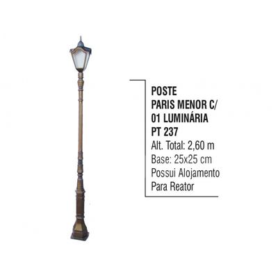 Poste Paris Menor P/ Jardim de Alumínio 01 Luminária 2,60m