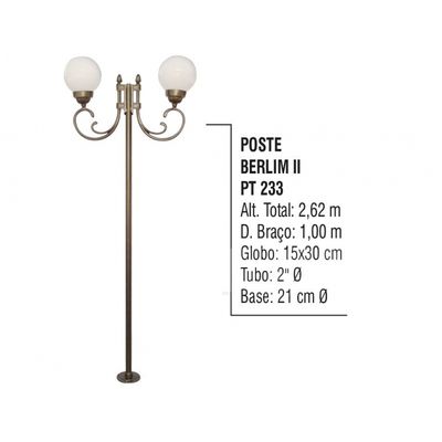 Poste Colonial Berlim 2 para Jardim Alumínio 02 Globo 2,62m