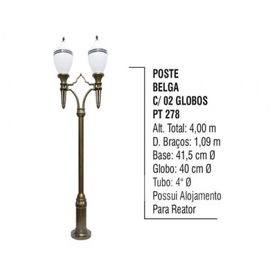 Poste Colonial Belga para Jardim de Alumínio 02 Globo 4,00m