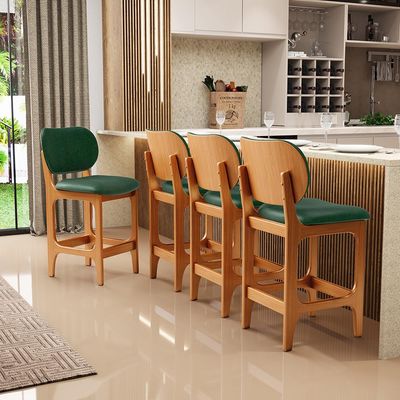 Kit 03 Banquetas Baixa Bar Cozinha E Sala De Jantar Fixa Betta L02 Imbuia Facto Verde Musgo - Lyam Decor