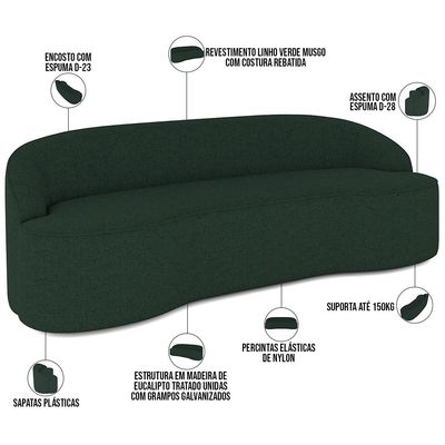 Sofá 4 Lugares Curvo Sala de Estar Living Lótus D02 Linho Verde Musgo 230 cm C-117 - Lyam Decor