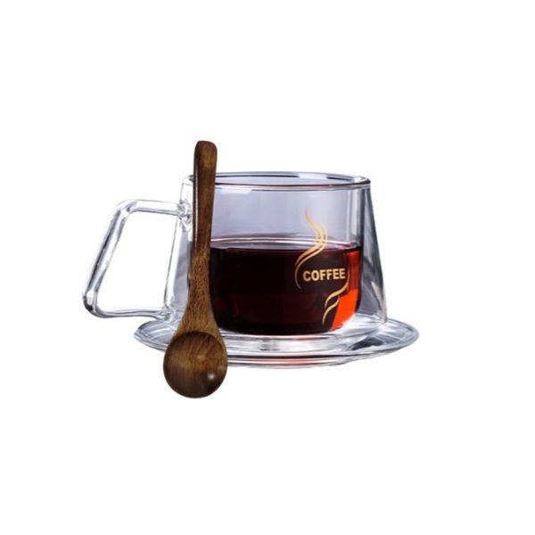 Caneca Parede Dupla de vidro 200ml Tucano-de-Bico-Preto c/ Pires e Colher de Bambu - Transparente