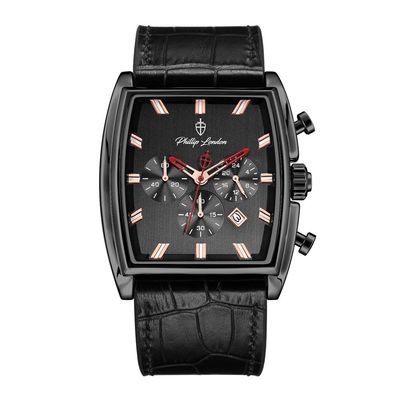 Relógio Phillip London Masculino Ref:Pl80347612g Pr N Cronógrafo Retangular Black