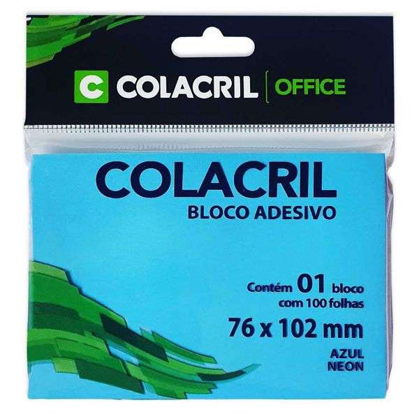 BLOCO DE NOTAS ADESIVAS 76x102MM 100FL AZUL NEON COLACRIL