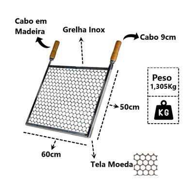 Grelha Retangular Inox Tela Moeda Para Churrasqueira 60x50cm