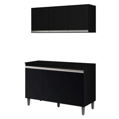 Balcão De Cozinha Manu Com Tampo 120 Cm E Armário Aéreo Andréia Preto Fosco - Ajl