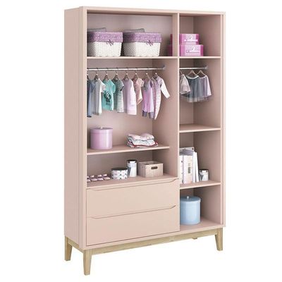 Quarto De Bebê Classic 3 Portas Rosa Com Pés Madeira Natural - Reller
