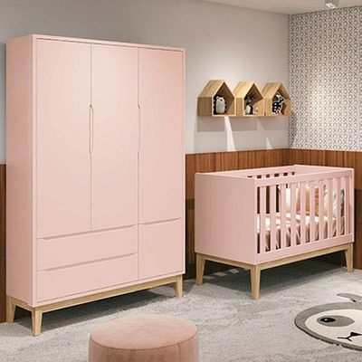 Berço Americano E Guarda Roupa Classic 3 Portas Rosa Com Pés Madeira Natural - Reller