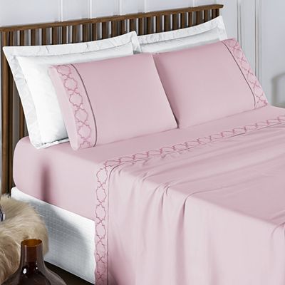 Jogo de Lençol Bordado Titanium King 4 Peças Barato - Rosa