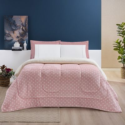 Edredom Coberdrom Romantico Poá King Sherpa e Manta Flannel - Rosa