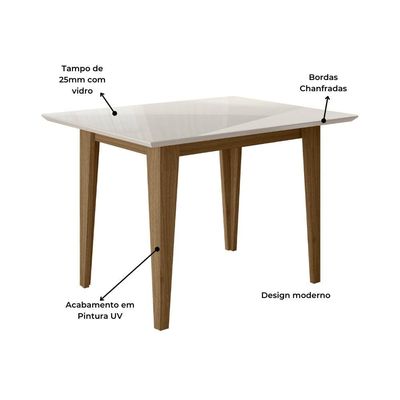 Conjunto de Sala de Jantar Mesa Belle com Tampo de Vidro e 4 cadeiras Poliman Carvalho com Off White