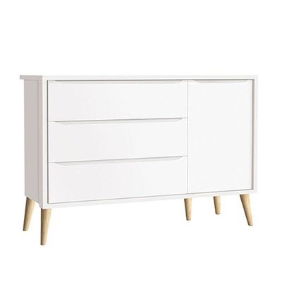 Cômoda Infantil Com Porta E Guarda Roupa 3 Portas Theo Branco Acetinado Pés Madeira Natural - Reller