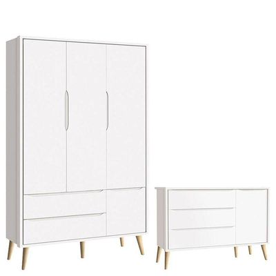 Cômoda Infantil Com Porta E Guarda Roupa 3 Portas Theo Branco Acetinado Pés Madeira Natural - Reller