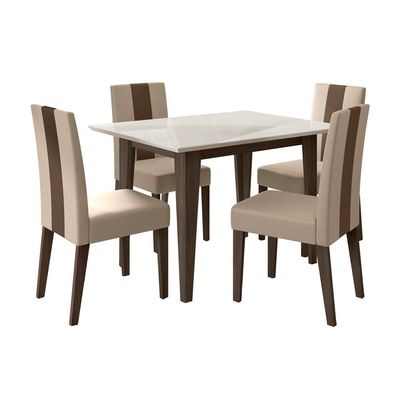 Conjunto de Sala de Jantar Mesa Belle com Tampo de Vidro e 4 cadeiras Poliman Amêndoa com Off White