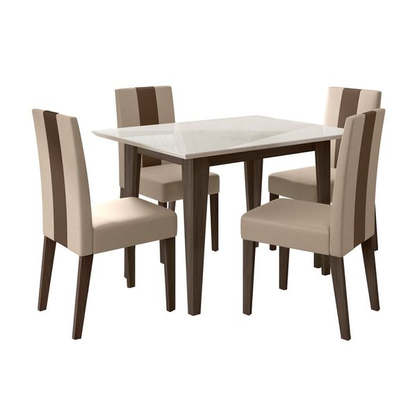 Conjunto de Sala de Jantar Mesa Belle com Tampo de Vidro e 4 cadeiras Poliman Amêndoa com Off White