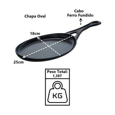 Frigideira Oval Cabo Ferro Fundido Servir Porção 25x18cm