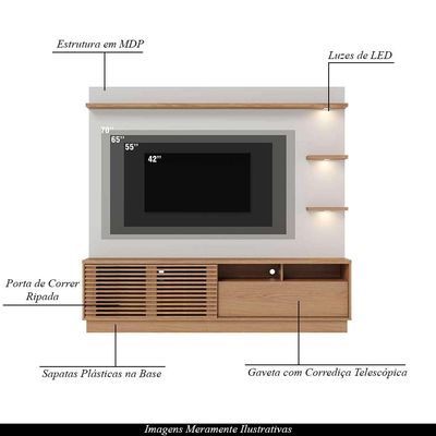 Estante Home Sala de Estar 200cm Navagio Led Off White/Freijó G73 - Gran Belo
